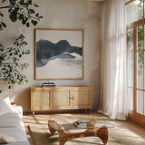 Abstracted Coastal III by Chris Paschke. Shown in a natural wood frame in a cozy modern living room. Available as an archival giclee rolled canvas, fine art paper, or poster print. SKU 83775a.