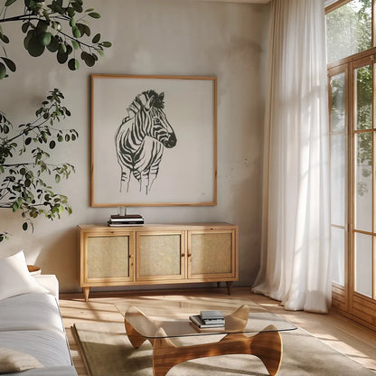 African Animals VIII by Chris Paschke. Shown in a natural wood frame in a cozy modern living room. Available as an archival giclee rolled canvas, fine art paper, or poster print. SKU 65009a.