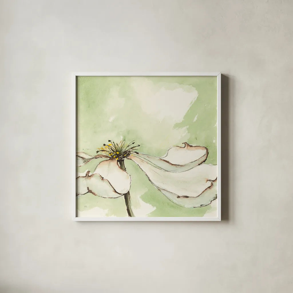 After Dogwood I by Chris Paschke. Shown in a crisp white glass frame for a clean and minimalist style. Available as an archival giclee rolled canvas, fine art paper, or poster print. SKU 39192a.