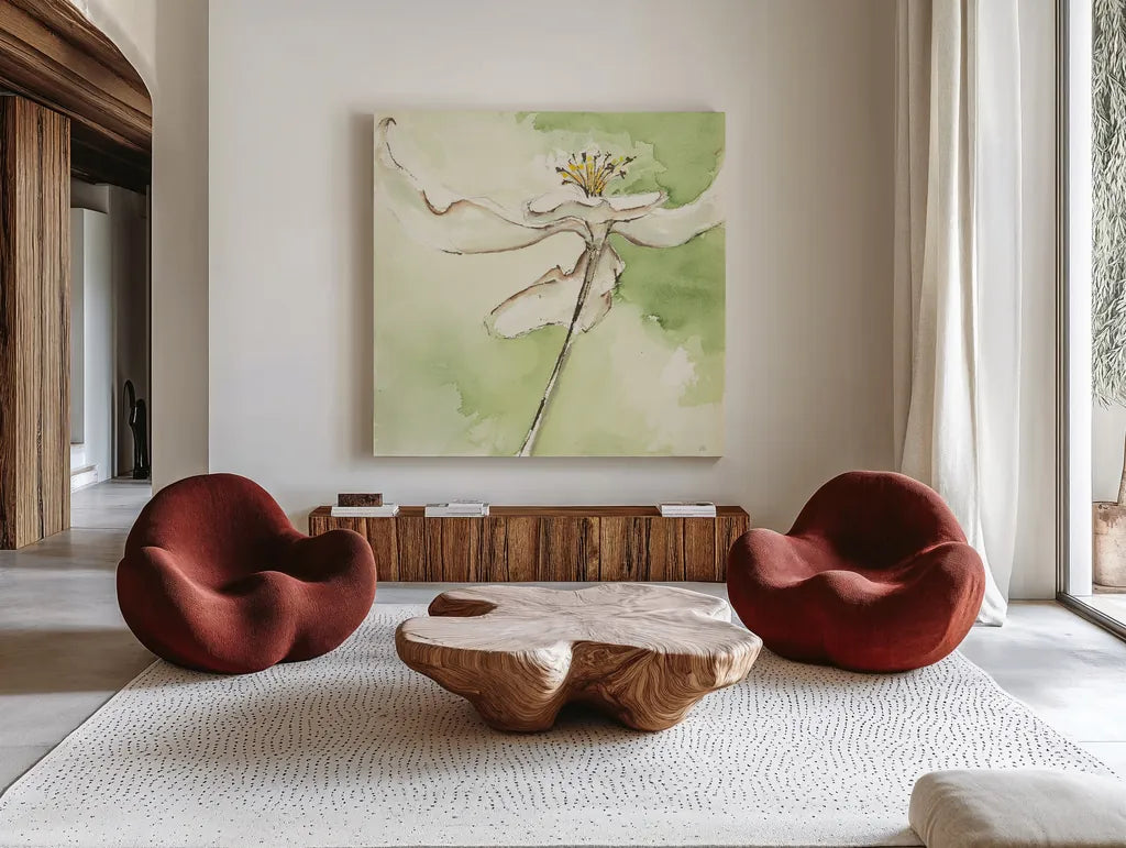 After Dogwood II by Chris Paschke. Shown as extra-large giant wall art in a modern living room. Available as an archival giclee rolled canvas, fine art paper, or poster print. SKU 39191a.