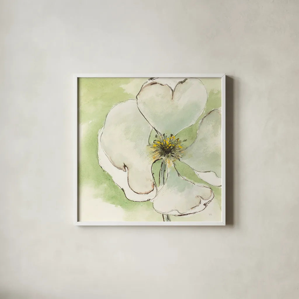 After Dogwood IV by Chris Paschke. Shown in a crisp white glass frame for a clean and minimalist style. Available as an archival giclee rolled canvas, fine art paper, or poster print. SKU 10985a.