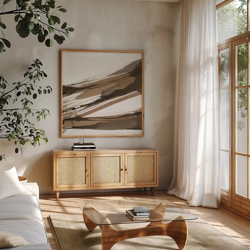 Almost Stripes I by Chris Paschke. Shown in a natural wood frame in a cozy modern living room. Available as an archival giclee rolled canvas, fine art paper, or poster print. SKU 78119a.