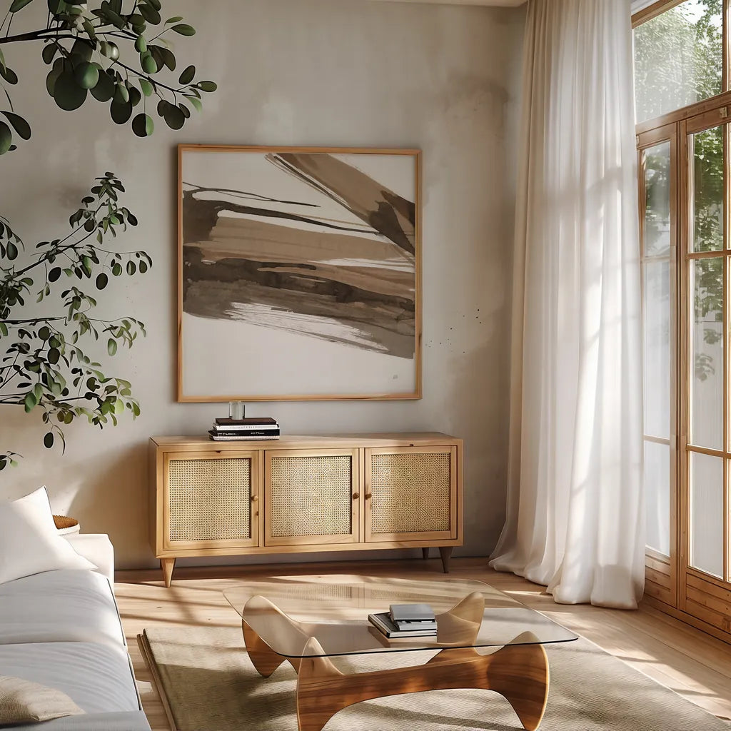 Almost Stripes II by Chris Paschke. Shown in a natural wood frame in a cozy modern living room. Available as an archival giclee rolled canvas, fine art paper, or poster print. SKU 78120a.