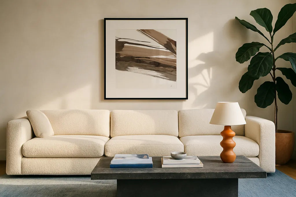 Almost Stripes II by Chris Paschke. Displayed in a glass frame with matte in a clean modern living room. Available as an archival giclee rolled canvas, fine art paper, or poster print. SKU 78120a.