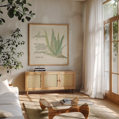 Aloe Vera by Chris Paschke. Shown in a natural wood frame in a cozy modern living room. Available as an archival giclee rolled canvas, fine art paper, or poster print. SKU 1446a.