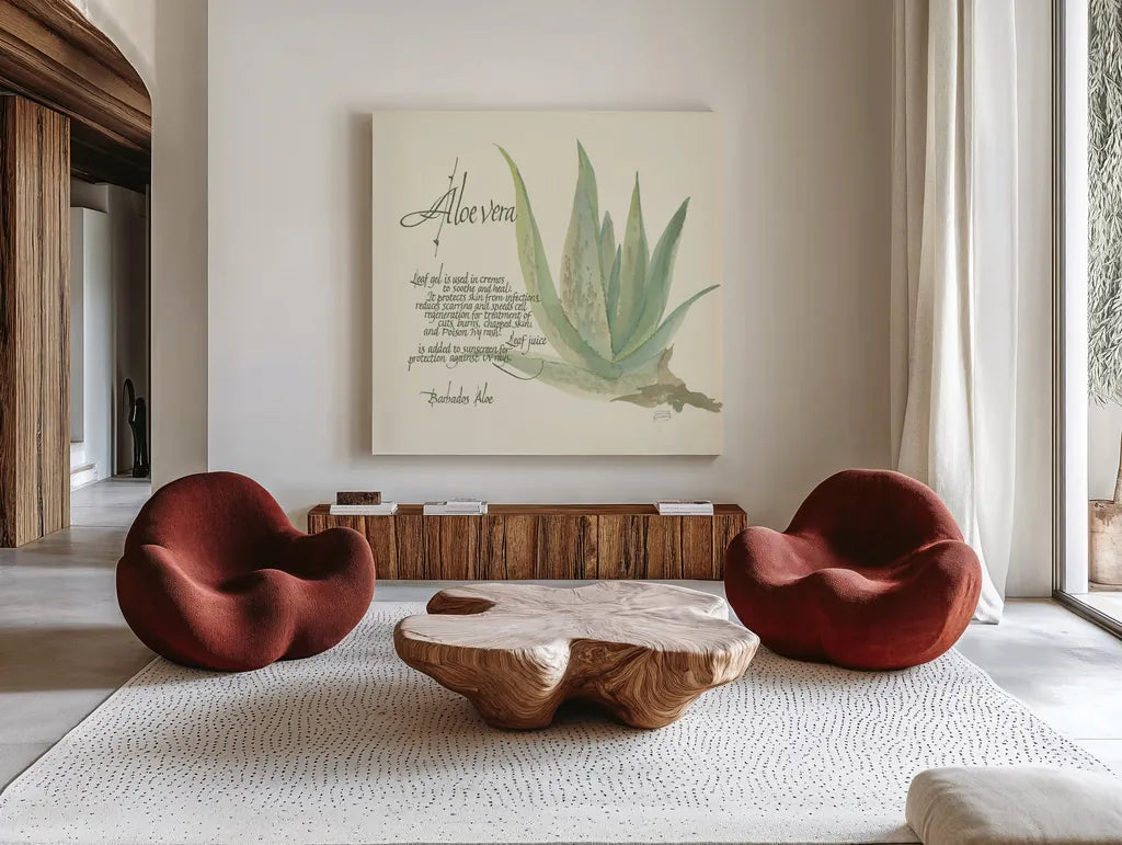 Aloe Vera by Chris Paschke. Shown as extra-large giant wall art in a modern living room. Available as an archival giclee rolled canvas, fine art paper, or poster print. SKU 1446a.
