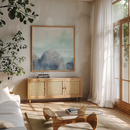 Altered Landscape II by Chris Paschke. Shown in a natural wood frame in a cozy modern living room. Available as an archival giclee rolled canvas, fine art paper, or poster print. SKU 88355a.