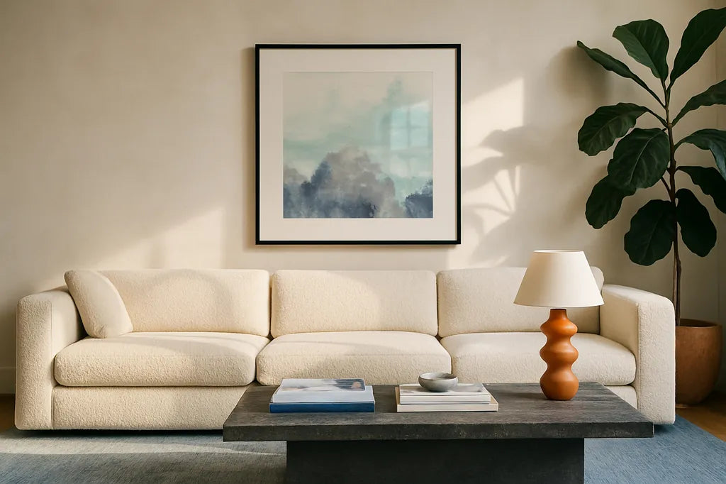 Altered Landscape II by Chris Paschke. Displayed in a glass frame with matte in a clean modern living room. Available as an archival giclee rolled canvas, fine art paper, or poster print. SKU 88355a.