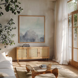 Altered Landscape II Light by Chris Paschke. Shown in a natural wood frame in a cozy modern living room. Available as an archival giclee rolled canvas, fine art paper, or poster print. SKU 91294a.