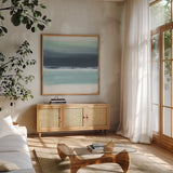 Altered Seascape I by Chris Paschke. Shown in a natural wood frame in a cozy modern living room. Available as an archival giclee rolled canvas, fine art paper, or poster print. SKU 88356a.