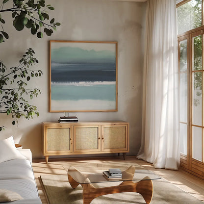 Altered Seascape II by Chris Paschke. Shown in a natural wood frame in a cozy modern living room. Available as an archival giclee rolled canvas, fine art paper, or poster print. SKU 88357a.