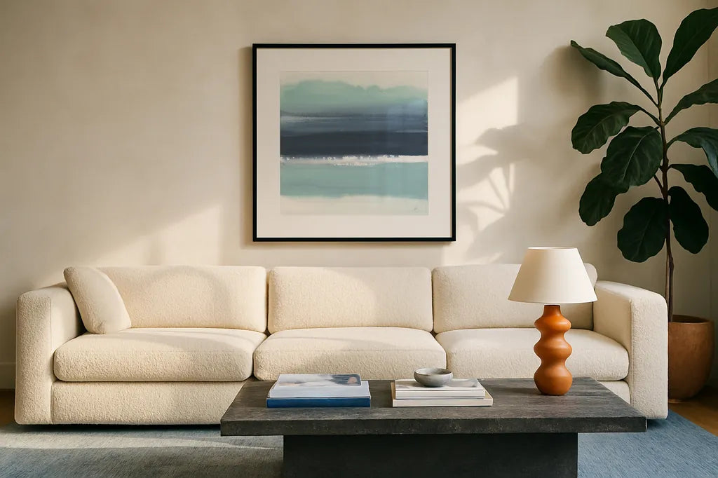 Altered Seascape II by Chris Paschke. Displayed in a glass frame with matte in a clean modern living room. Available as an archival giclee rolled canvas, fine art paper, or poster print. SKU 88357a.
