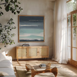Altered Seascape IV by Chris Paschke. Shown in a natural wood frame in a cozy modern living room. Available as an archival giclee rolled canvas, fine art paper, or poster print. SKU 88359a.
