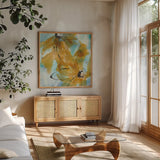 Amber Blue I by Chris Paschke. Shown in a natural wood frame in a cozy modern living room. Available as an archival giclee rolled canvas, fine art paper, or poster print. SKU 59992a.