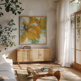 Amber Blue II by Chris Paschke. Shown in a natural wood frame in a cozy modern living room. Available as an archival giclee rolled canvas, fine art paper, or poster print. SKU 59993a.