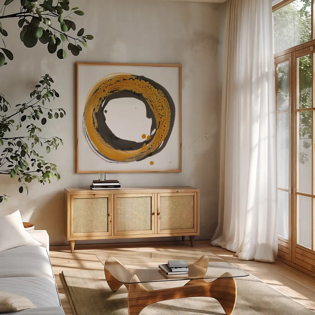 Amber Enso I by Chris Paschke. Shown in a natural wood frame in a cozy modern living room. Available as an archival giclee rolled canvas, fine art paper, or poster print. SKU 76330a.