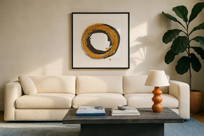 Amber Enso I by Chris Paschke. Displayed in a glass frame with matte in a clean modern living room. Available as an archival giclee rolled canvas, fine art paper, or poster print. SKU 76330a.