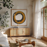 Amber Enso II by Chris Paschke. Shown in a natural wood frame in a cozy modern living room. Available as an archival giclee rolled canvas, fine art paper, or poster print. SKU 76331a.