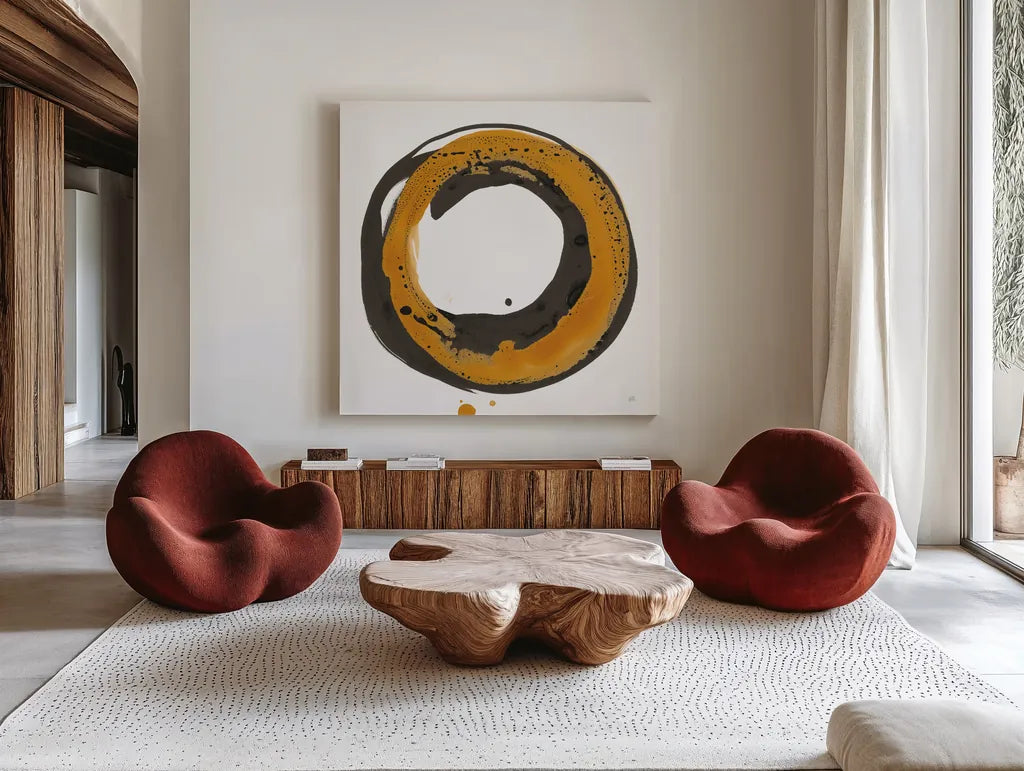 Amber Enso II by Chris Paschke. Shown as extra-large giant wall art in a modern living room. Available as an archival giclee rolled canvas, fine art paper, or poster print. SKU 76331a.