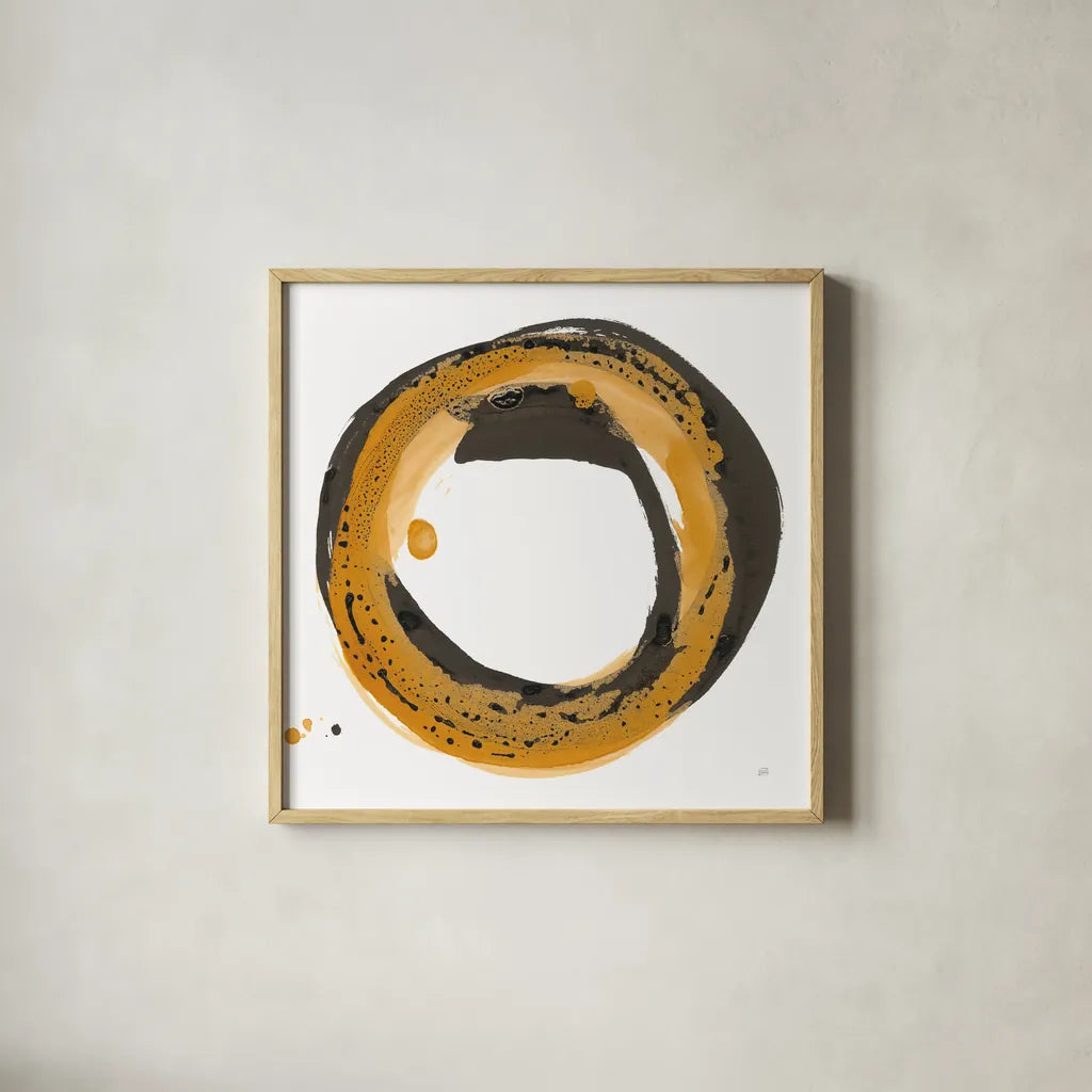Amber Enso III by Chris Paschke. Shown in a natural wood glass frame for a timeless modern aesthetic. Available as an archival giclee rolled canvas, fine art paper, or poster print. SKU 76332a.