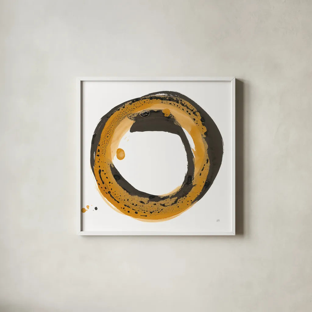 Amber Enso III by Chris Paschke. Shown in a crisp white glass frame for a clean and minimalist style. Available as an archival giclee rolled canvas, fine art paper, or poster print. SKU 76332a.