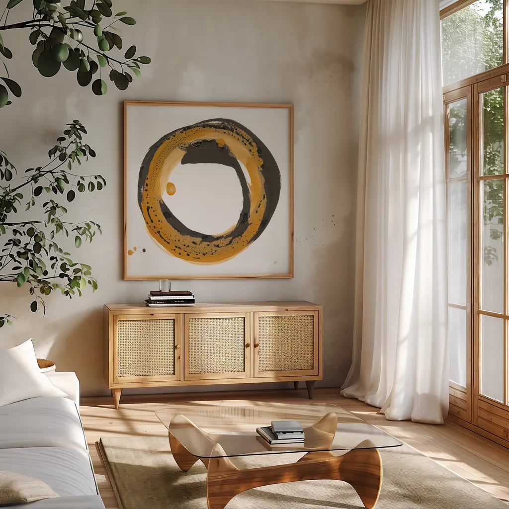 Amber Enso III by Chris Paschke. Shown in a natural wood frame in a cozy modern living room. Available as an archival giclee rolled canvas, fine art paper, or poster print. SKU 76332a.
