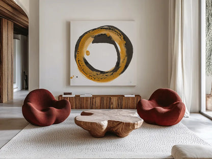 Amber Enso III by Chris Paschke. Shown as extra-large giant wall art in a modern living room. Available as an archival giclee rolled canvas, fine art paper, or poster print. SKU 76332a.