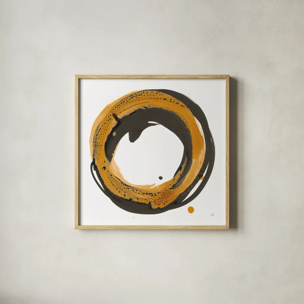 Amber Enso IV by Chris Paschke. Shown in a natural wood glass frame for a timeless modern aesthetic. Available as an archival giclee rolled canvas, fine art paper, or poster print. SKU 76333a.