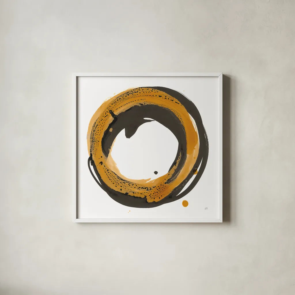 Amber Enso IV by Chris Paschke. Shown in a crisp white glass frame for a clean and minimalist style. Available as an archival giclee rolled canvas, fine art paper, or poster print. SKU 76333a.