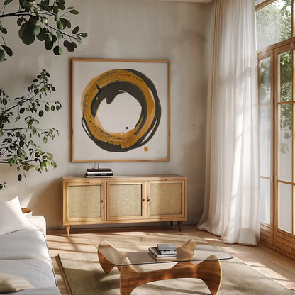 Amber Enso IV by Chris Paschke. Shown in a natural wood frame in a cozy modern living room. Available as an archival giclee rolled canvas, fine art paper, or poster print. SKU 76333a.