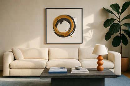 Amber Enso IV by Chris Paschke. Displayed in a glass frame with matte in a clean modern living room. Available as an archival giclee rolled canvas, fine art paper, or poster print. SKU 76333a.