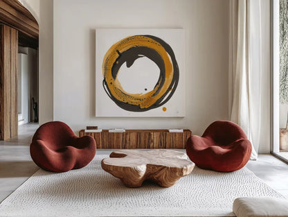 Amber Enso IV by Chris Paschke. Shown as extra-large giant wall art in a modern living room. Available as an archival giclee rolled canvas, fine art paper, or poster print. SKU 76333a.