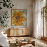 Amber Gold II by Chris Paschke. Shown in a natural wood frame in a cozy modern living room. Available as an archival giclee rolled canvas, fine art paper, or poster print. SKU 59991a.