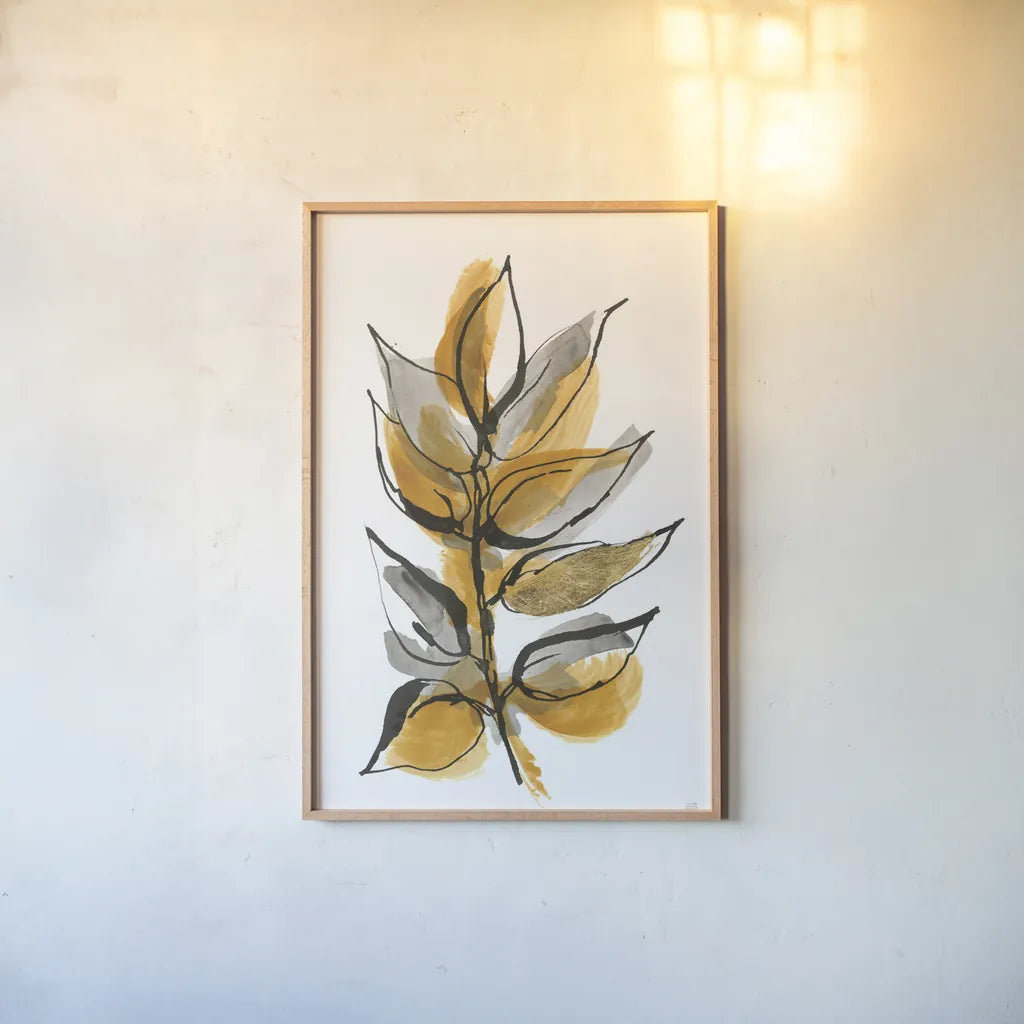Amber Leaves I by Chris Paschke. shown as a paper print in a natural frame. Available as a archival giclee rolled canvas, fine art paper, or poster print. SKU 75153h.