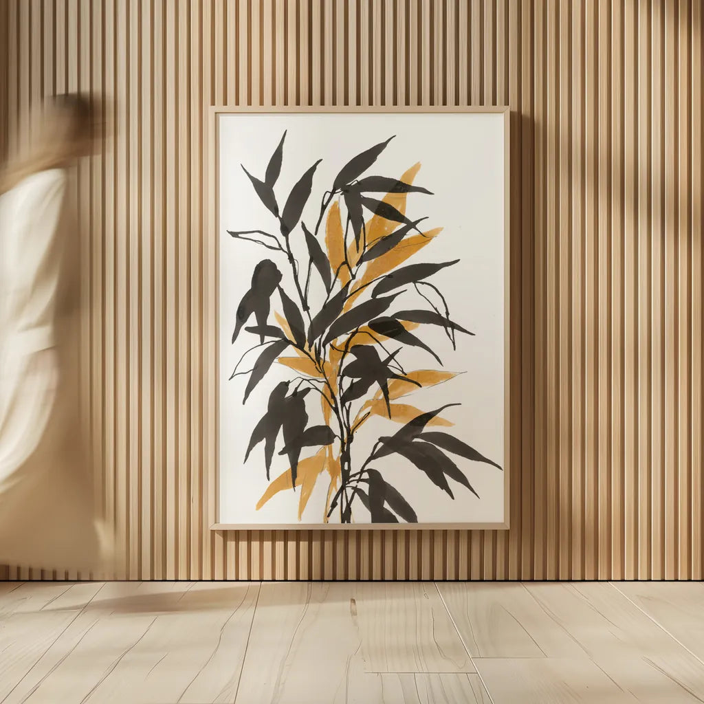 Amber Long Leaf I by Chris Paschke. shown as over sized large wall art. Available as an archival giclee rolled canvas, fine art paper, or poster print. SKU 76328h.