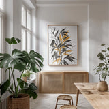 Amber Long Leaf I by Chris Paschke. shown as a print in a natural wood frame in a dining room. Available as a archival giclee rolled canvas, fine art paper, or poster print. SKU 76328h.