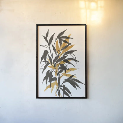 Amber Long Leaf I by Chris Paschke. shown as a paper print in a black flame. Available as a archival giclee rolled canvas, fine art paper, or poster print. SKU 76328h.