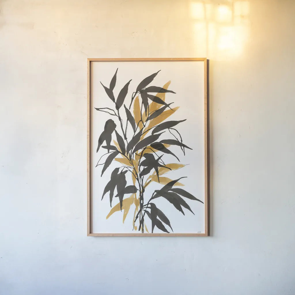 Amber Long Leaf I by Chris Paschke. shown as a paper print in a natural frame. Available as a archival giclee rolled canvas, fine art paper, or poster print. SKU 76328h.