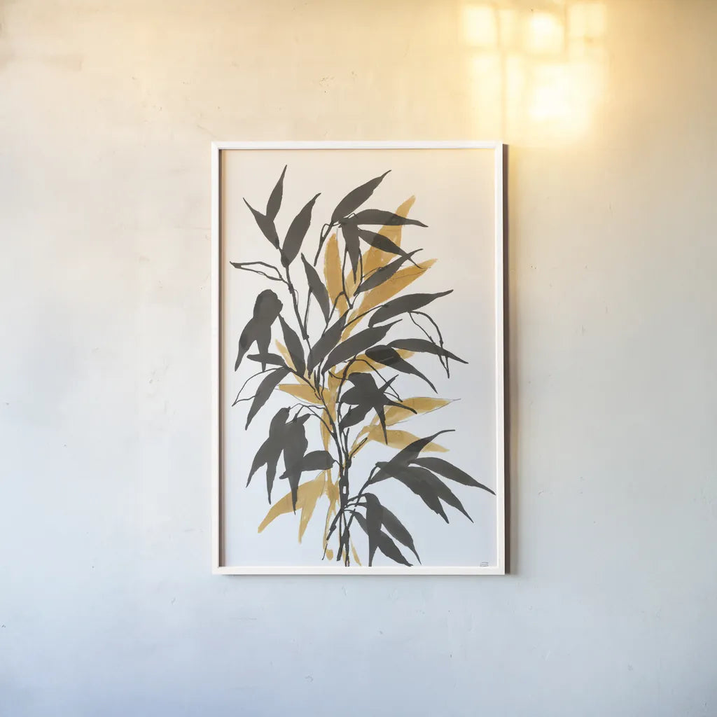 Amber Long Leaf I by Chris Paschke. shown as a paper print in a white frame. Available as a archival giclee rolled canvas, fine art paper, or poster print. SKU 76328h.