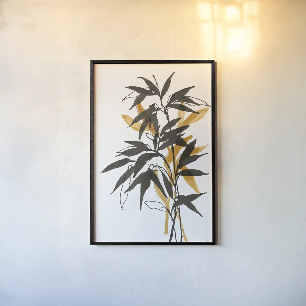 Amber Long Leaf II by Chris Paschke. shown as a paper print in a black flame. Available as a archival giclee rolled canvas, fine art paper, or poster print. SKU 76329h.