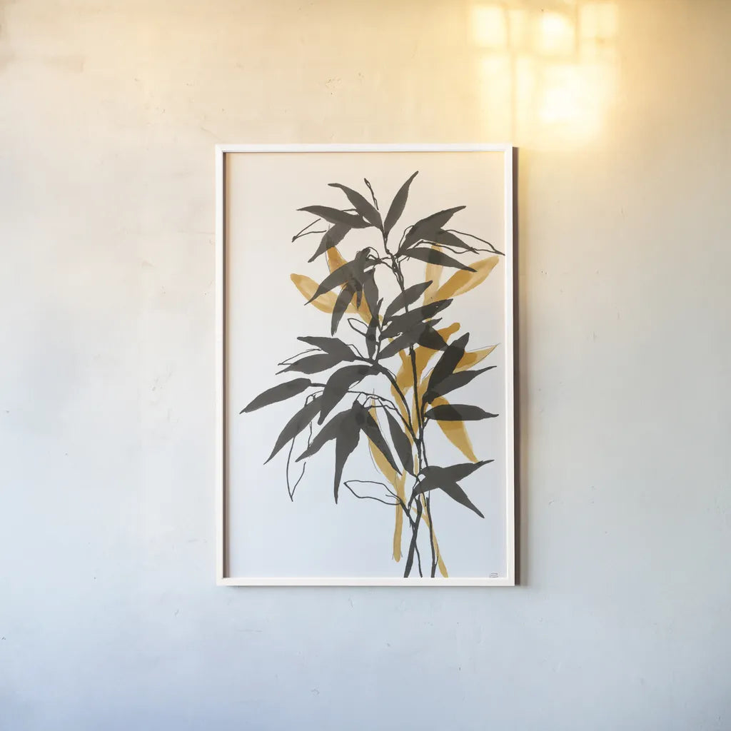 Amber Long Leaf II by Chris Paschke. shown as a paper print in a white frame. Available as a archival giclee rolled canvas, fine art paper, or poster print. SKU 76329h.