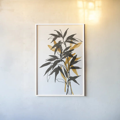 Amber Long Leaf II by Chris Paschke. shown as a paper print in a white frame. Available as a archival giclee rolled canvas, fine art paper, or poster print. SKU 76329h.