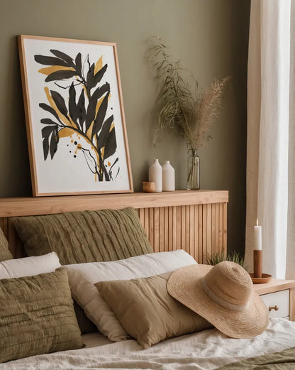 Amber Palm I by Chris Paschke. shown as a paper print in a natural frame. Available as a archival giclee rolled canvas, fine art paper, or poster print. SKU 76324h.