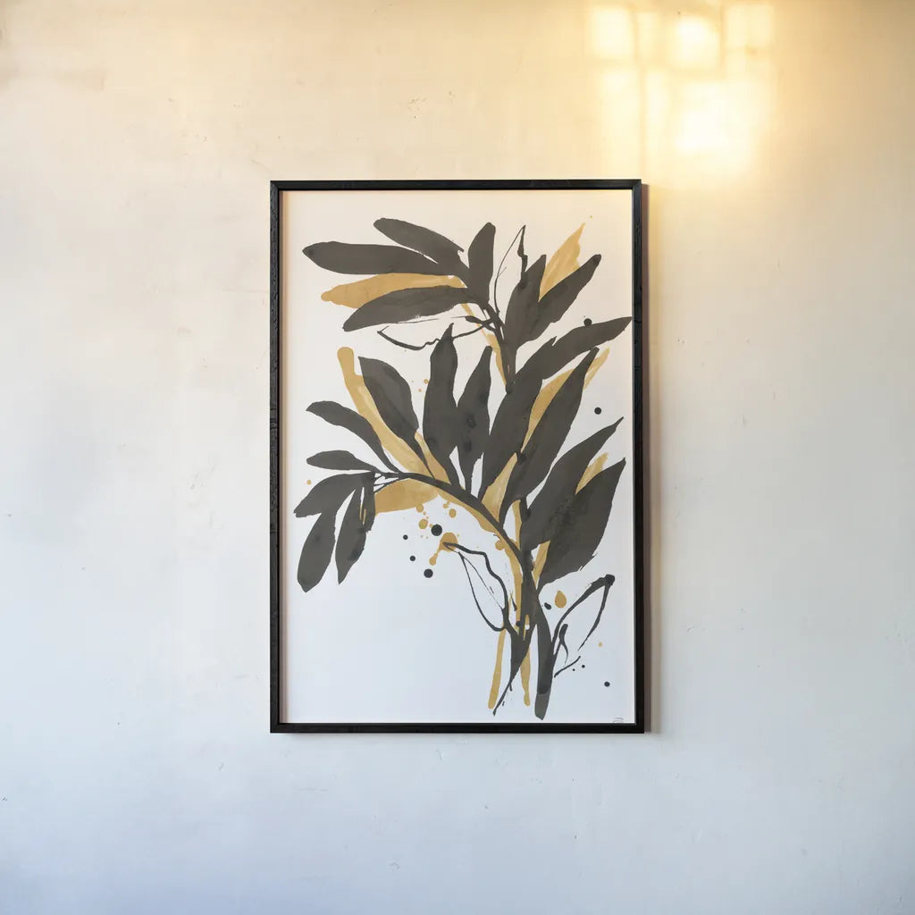 Amber Palm I by Chris Paschke. shown as a paper print in a black flame. Available as a archival giclee rolled canvas, fine art paper, or poster print. SKU 76324h.