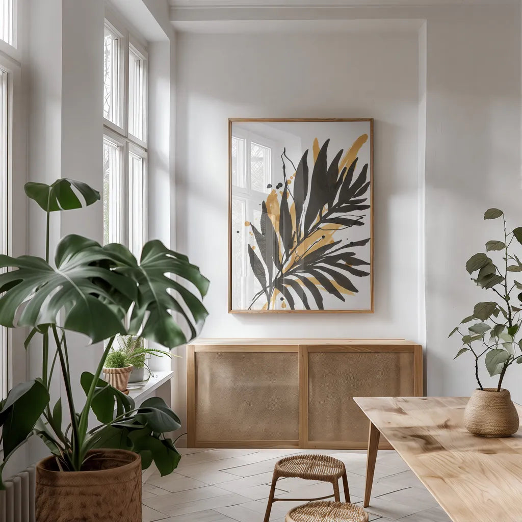 Amber Palm II by Chris Paschke. shown as a print in a natural wood frame in a dining room. Available as a archival giclee rolled canvas, fine art paper, or poster print. SKU 76325h.