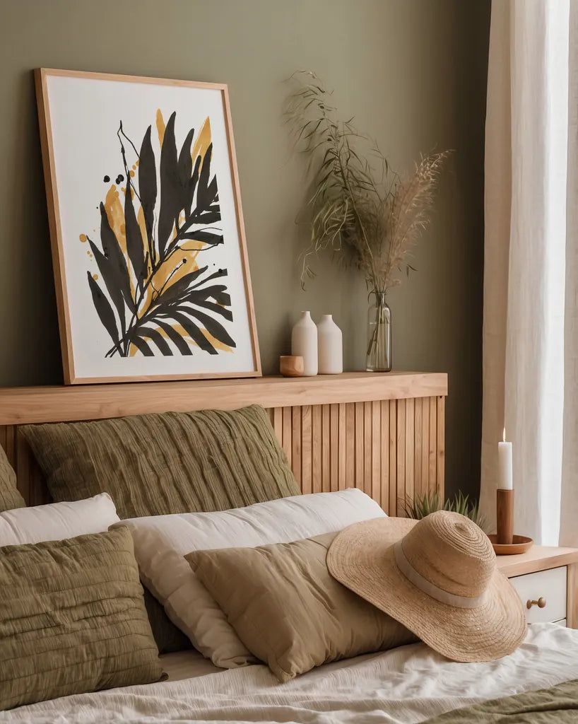 Amber Palm II by Chris Paschke. shown as a paper print in a natural frame. Available as a archival giclee rolled canvas, fine art paper, or poster print. SKU 76325h.