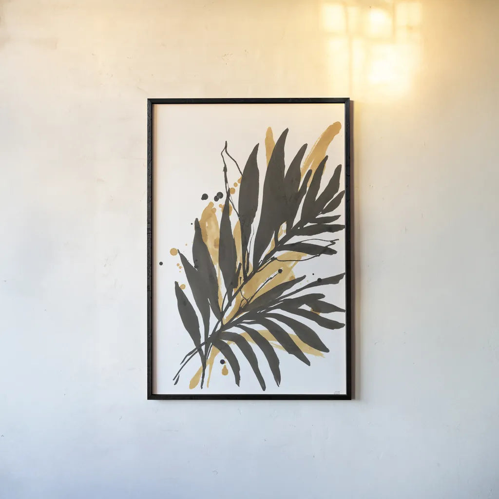 Amber Palm II by Chris Paschke. shown as a paper print in a black flame. Available as a archival giclee rolled canvas, fine art paper, or poster print. SKU 76325h.