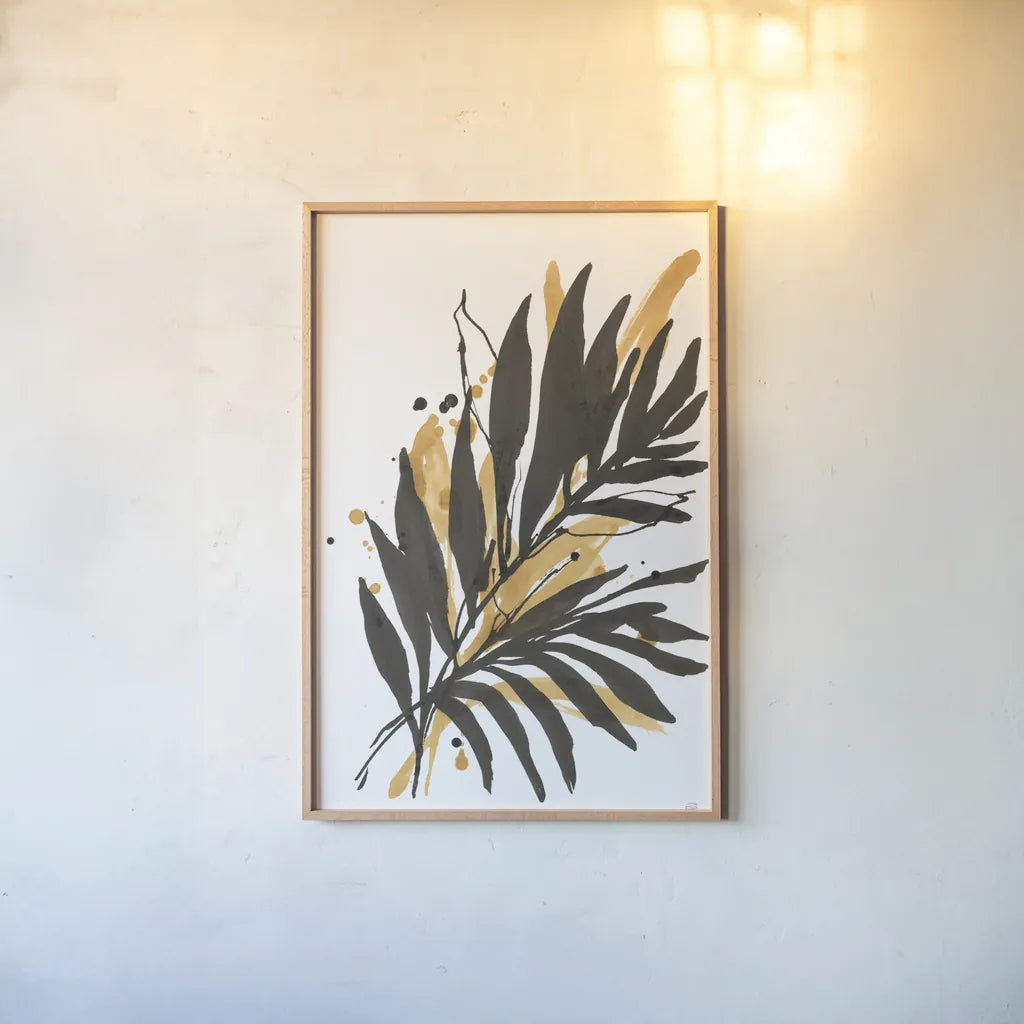 Amber Palm II by Chris Paschke. shown as a paper print in a natural frame. Available as a archival giclee rolled canvas, fine art paper, or poster print. SKU 76325h.