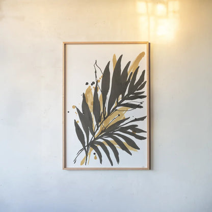 Amber Palm II by Chris Paschke. shown as a paper print in a natural frame. Available as a archival giclee rolled canvas, fine art paper, or poster print. SKU 76325h.