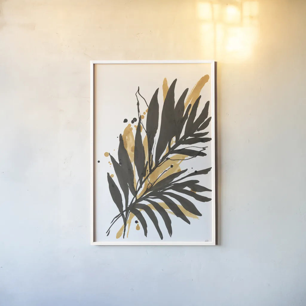 Amber Palm II by Chris Paschke. shown as a paper print in a white frame. Available as a archival giclee rolled canvas, fine art paper, or poster print. SKU 76325h.